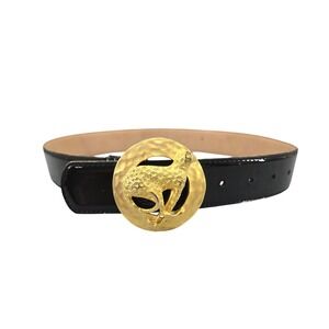 Gail Labelle Vintage Black Patent Leather Belt Gold Cheetah Buckle Medium USA